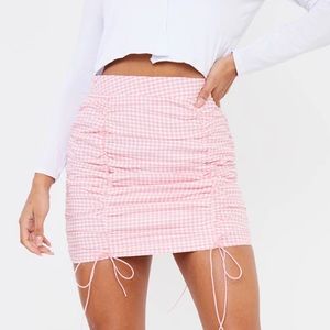 Pink Gingham Ruched Mini Skirt